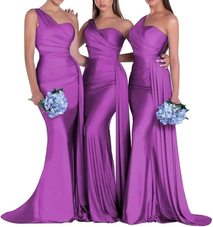 Satin Bridesmaid Dresses for Women Long Ruched Formal Dresses One Shoulder Prom Dresses KM334