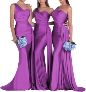 Satin Bridesmaid Dresses for Women Long Ruched Formal Dresses One Shoulder Prom Dresses KM334