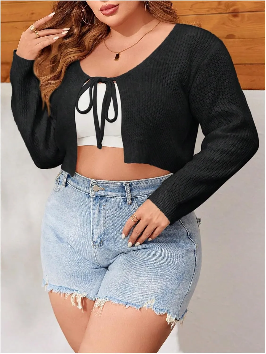 SHENHE Women's Plus Size Tie Front Ribbed Long Sleeve Knit Crop Top Sweater Cardigan