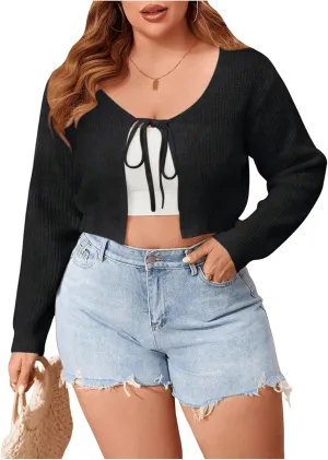 SHENHE Women's Plus Size Tie Front Ribbed Long Sleeve Knit Crop Top Sweater Cardigan