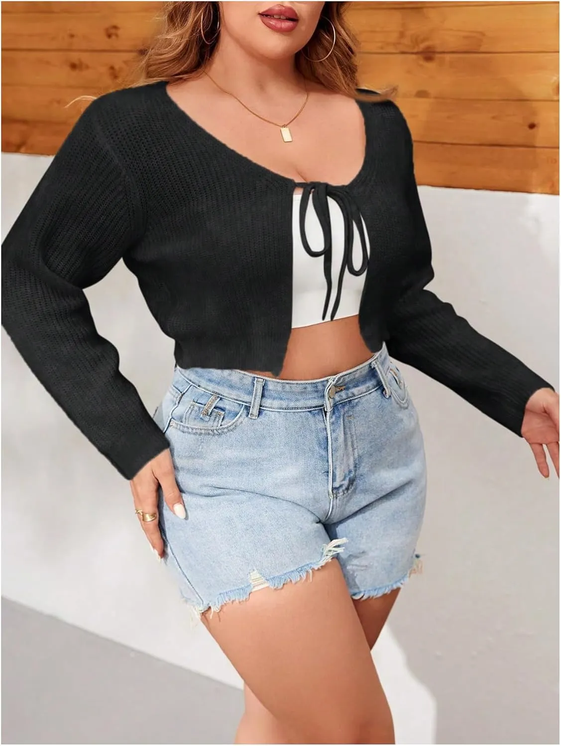 SHENHE Women's Plus Size Tie Front Ribbed Long Sleeve Knit Crop Top Sweater Cardigan