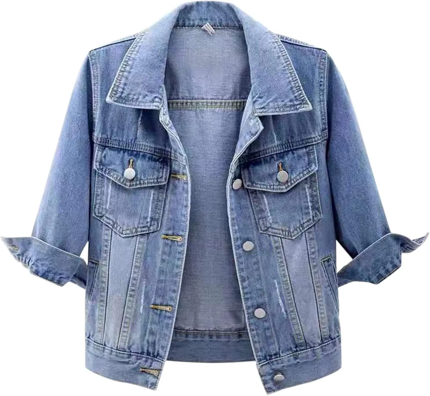 Short Denim Jacket for Women Plus Size 3/4 Sleeve Lapel Button Down Cropped Coats Light Wash Short Jean Trucker Coat