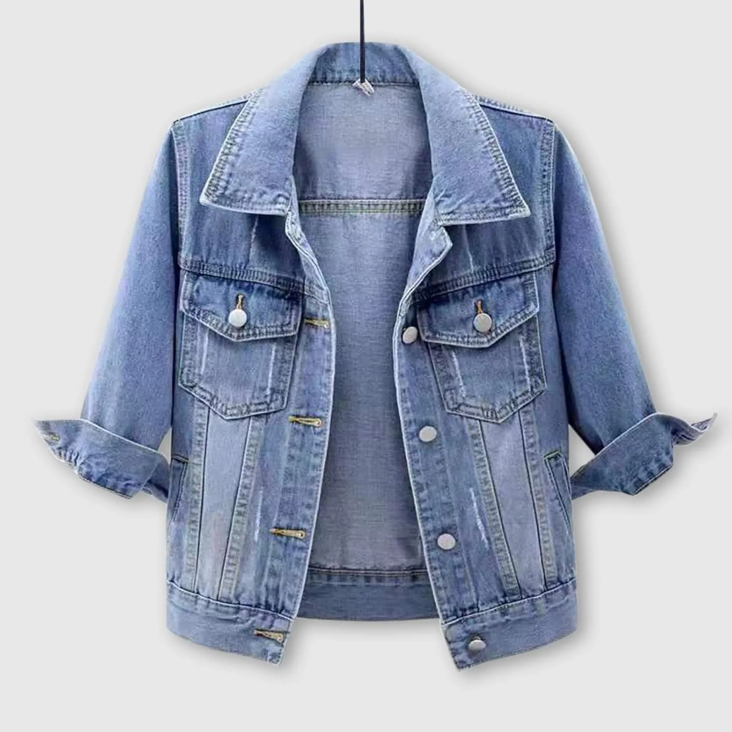 Short Denim Jacket for Women Plus Size 3/4 Sleeve Lapel Button Down Cropped Coats Light Wash Short Jean Trucker Coat