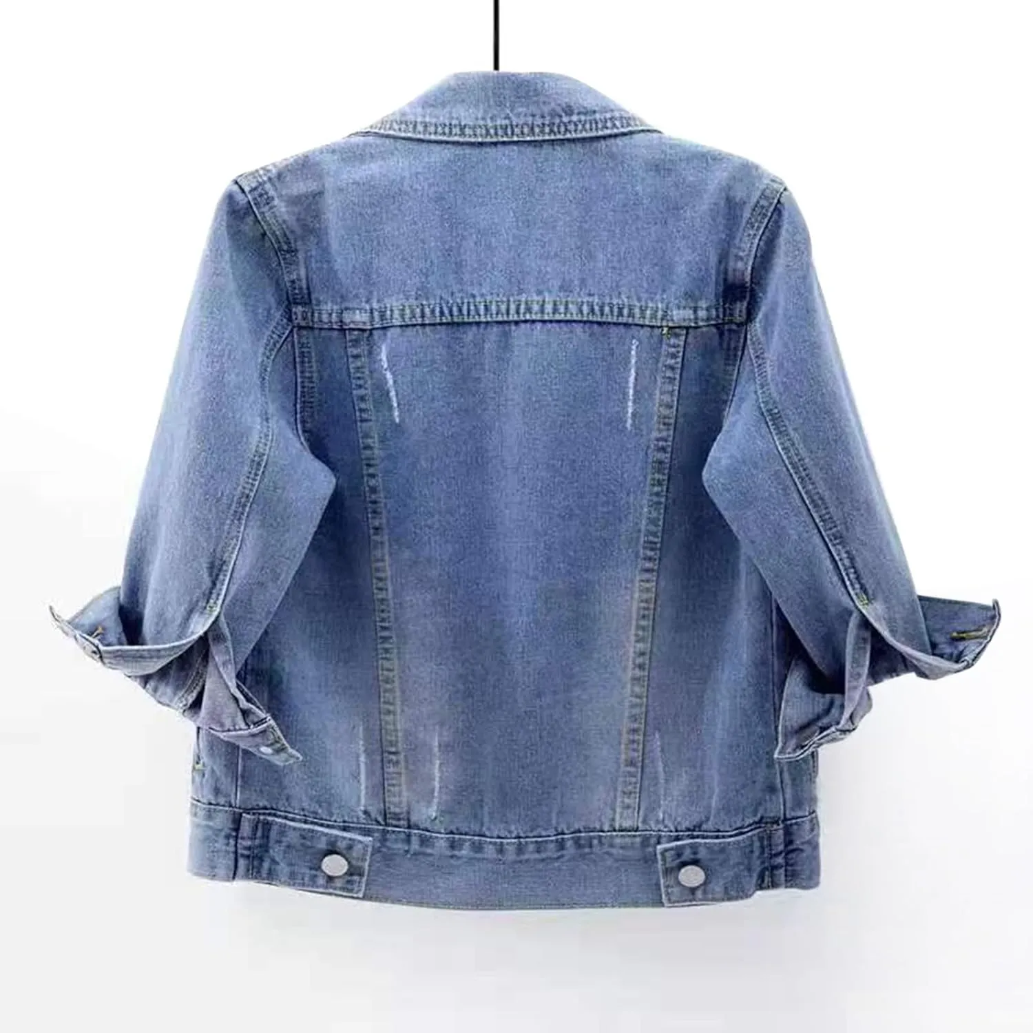 Short Denim Jacket for Women Plus Size 3/4 Sleeve Lapel Button Down Cropped Coats Light Wash Short Jean Trucker Coat