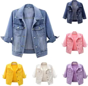 Short Denim Jacket for Women Plus Size 3/4 Sleeve Lapel Button Down Cropped Coats Light Wash Short Jean Trucker Coat