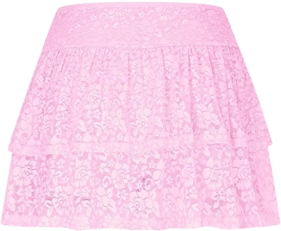 Short Skirts for Women Plaid Mini Skirts Flowy High Waisted Skirts Lace Sexy Skirts Trendy Elastic Tiered Skirt