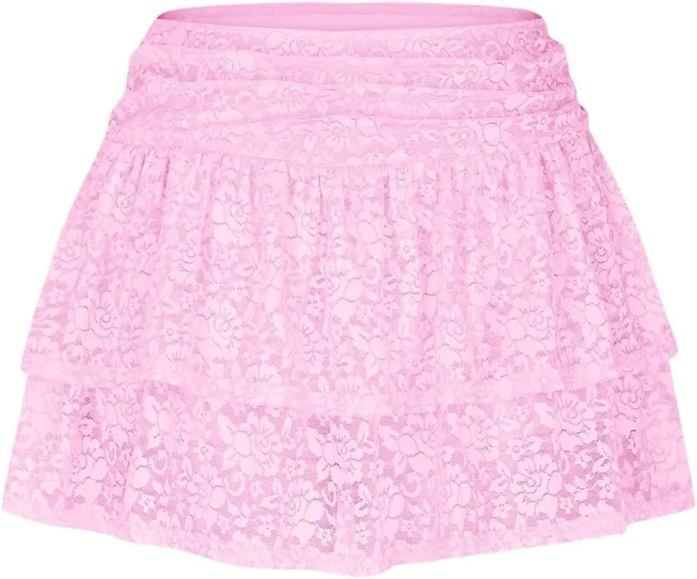 Short Skirts for Women Plaid Mini Skirts Flowy High Waisted Skirts Lace Sexy Skirts Trendy Elastic Tiered Skirt