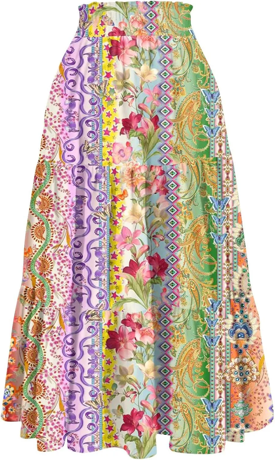 Skirts for Women Boho Floral Maxi Skirt Elastic High Waist Pleated Flowy A Line Beach Long Skirts