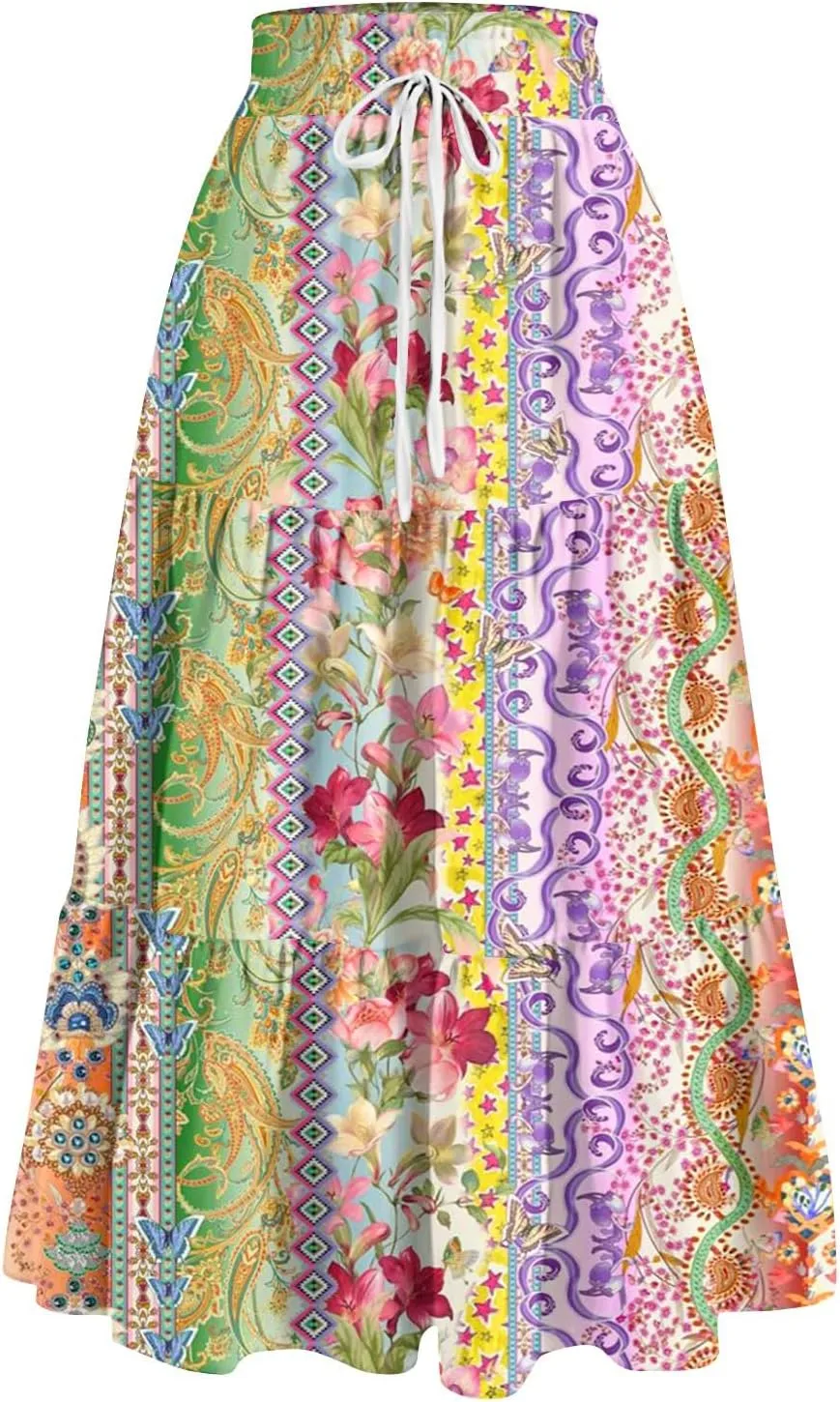Skirts for Women Boho Floral Maxi Skirt Elastic High Waist Pleated Flowy A Line Beach Long Skirts