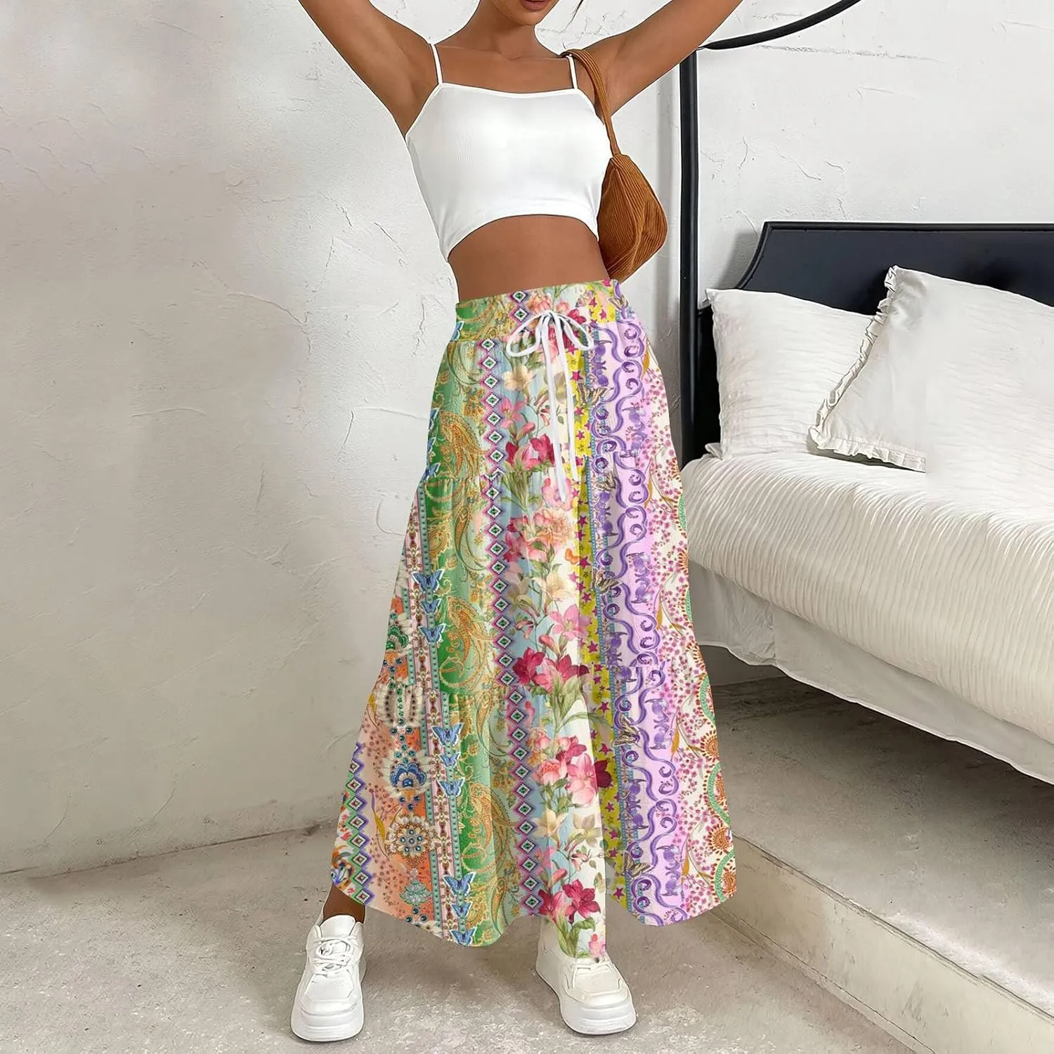 Skirts for Women Boho Floral Maxi Skirt Elastic High Waist Pleated Flowy A Line Beach Long Skirts