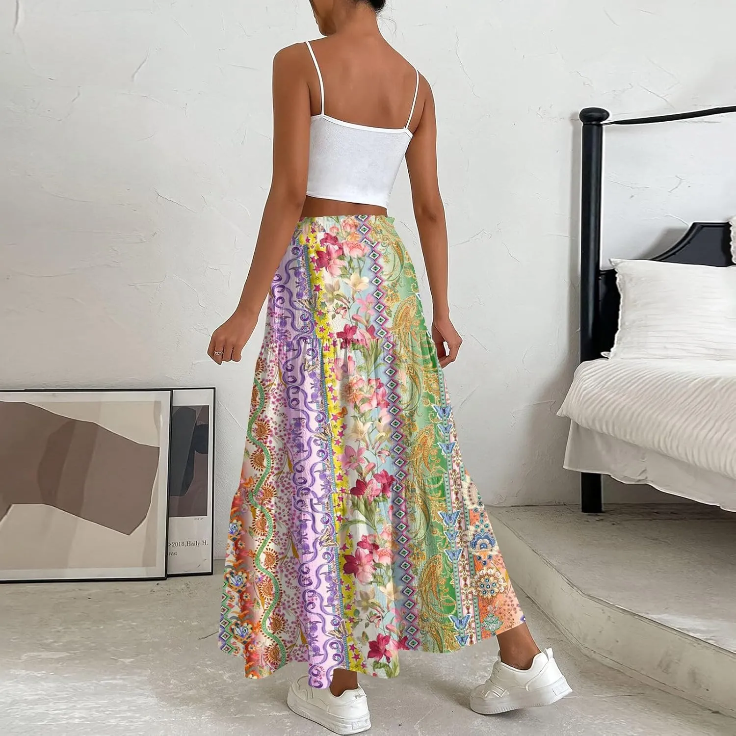 Skirts for Women Boho Floral Maxi Skirt Elastic High Waist Pleated Flowy A Line Beach Long Skirts