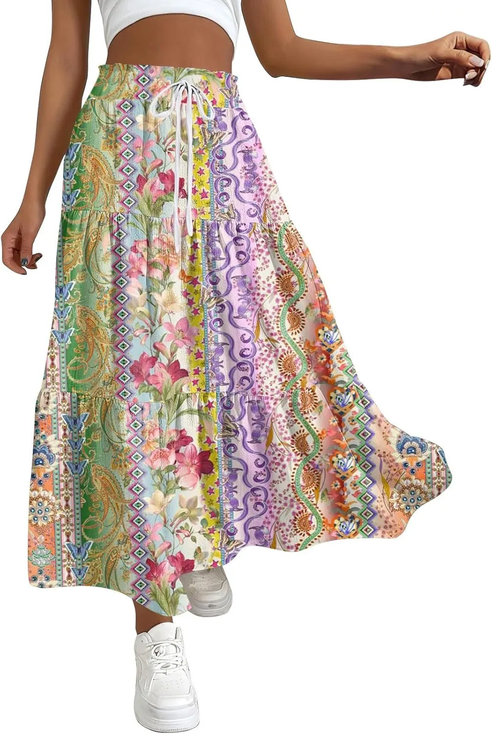 Skirts for Women Boho Floral Maxi Skirt Elastic High Waist Pleated Flowy A Line Beach Long Skirts