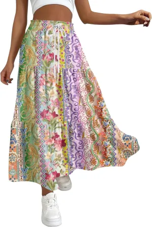 Skirts for Women Boho Floral Maxi Skirt Elastic High Waist Pleated Flowy A Line Beach Long Skirts