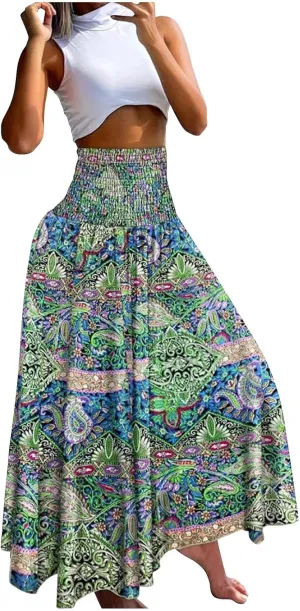 Skirts for Women Trendy Ruffle Smocked High Waist Stretch Bohemian Skirts Fashion Vintage Floral Boho Maxi Skirts