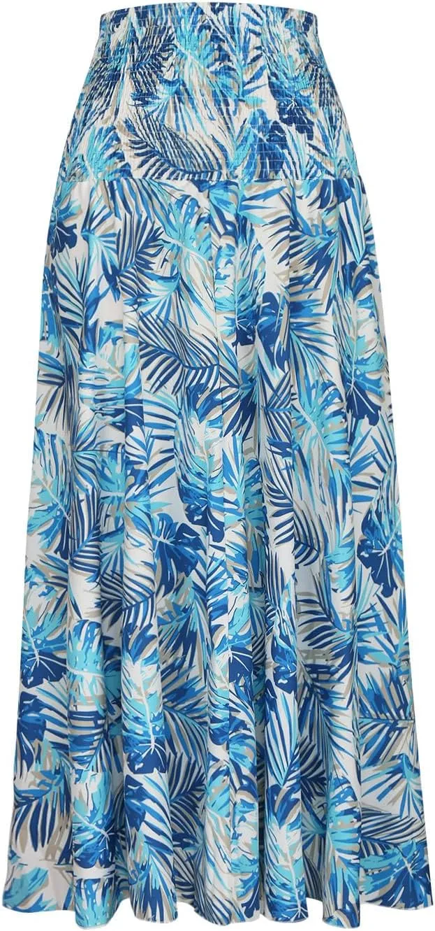 Skirts for Women Trendy Ruffle Smocked High Waist Stretch Bohemian Skirts Fashion Vintage Floral Boho Maxi Skirts