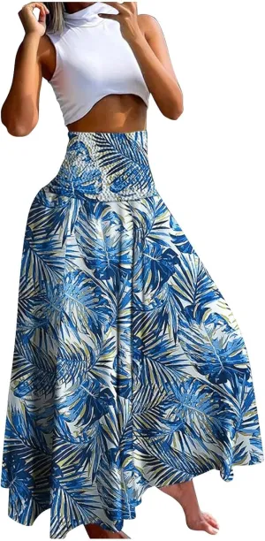 Skirts for Women Trendy Ruffle Smocked High Waist Stretch Bohemian Skirts Fashion Vintage Floral Boho Maxi Skirts