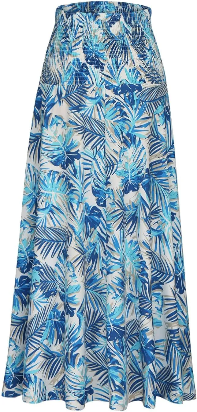 Skirts for Women Trendy Ruffle Smocked High Waist Stretch Bohemian Skirts Fashion Vintage Floral Boho Maxi Skirts