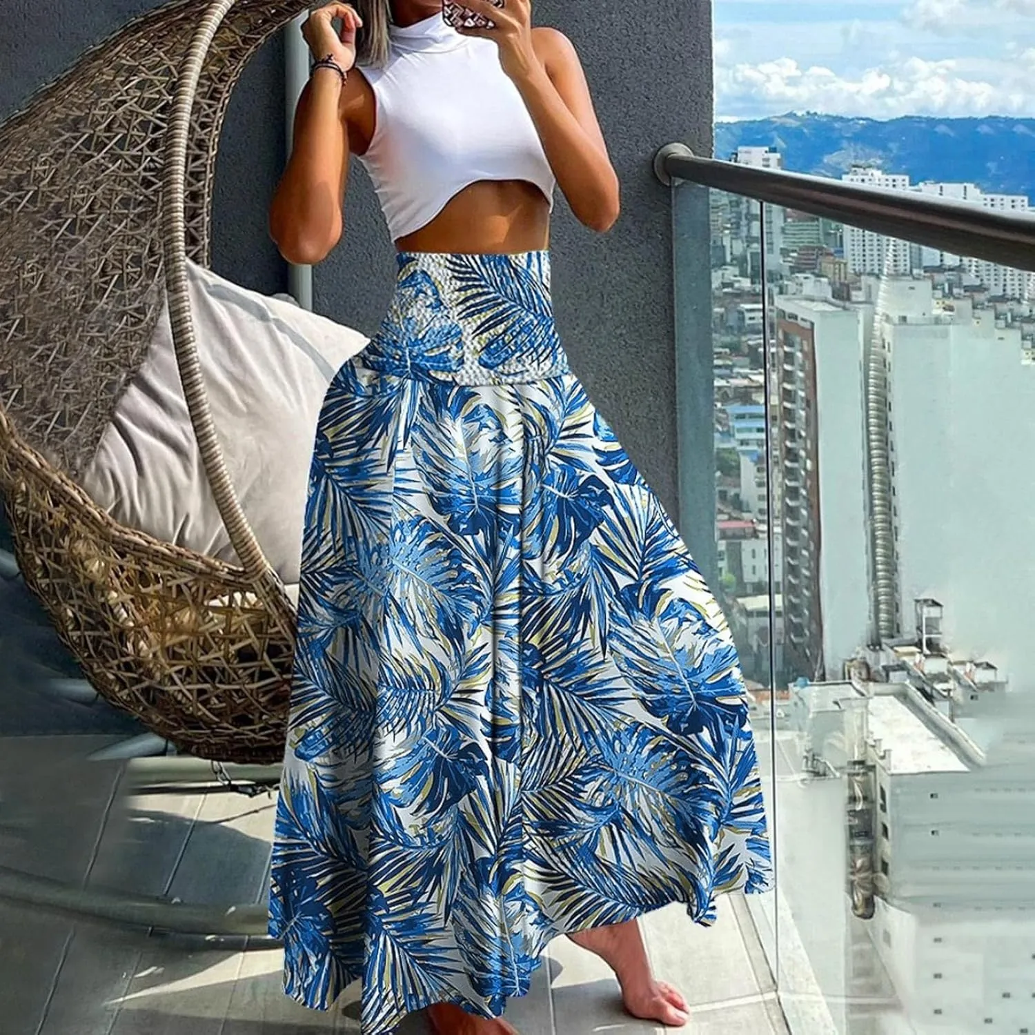 Skirts for Women Trendy Ruffle Smocked High Waist Stretch Bohemian Skirts Fashion Vintage Floral Boho Maxi Skirts
