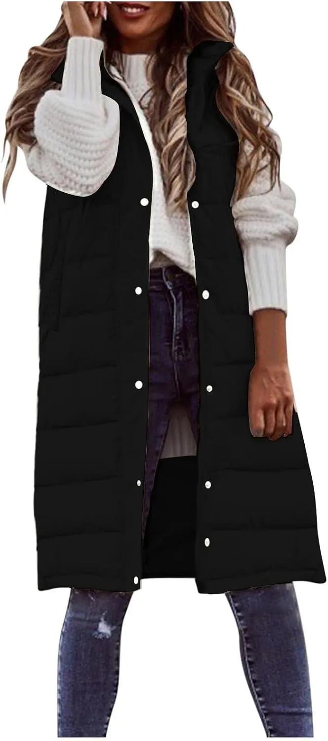 Smoneyful Women's Long Vest Sleeveless Lightweight Puffer Jacket Packable Hooded Down Coat Quilted Vest with Hood Winter