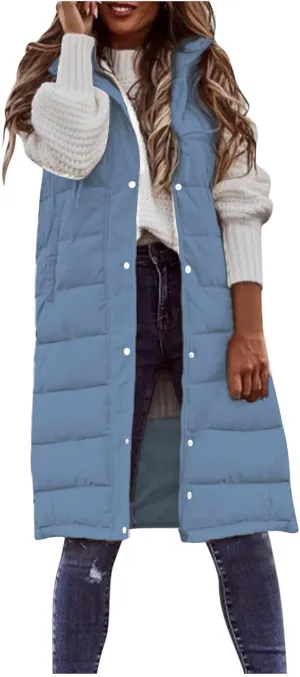 Smoneyful Women's Long Vest Sleeveless Lightweight Puffer Jacket Packable Hooded Down Coat Quilted Vest with Hood Winter