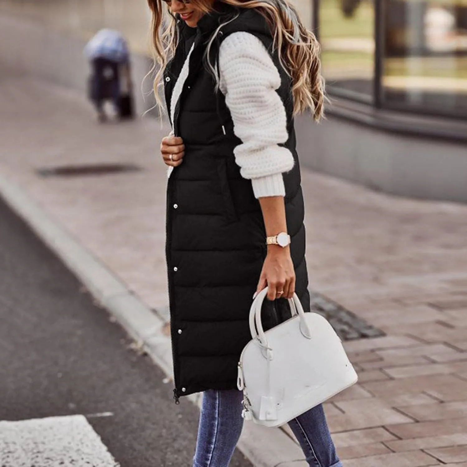 Smoneyful Women's Long Vest Sleeveless Lightweight Puffer Jacket Packable Hooded Down Coat Quilted Vest with Hood Winter