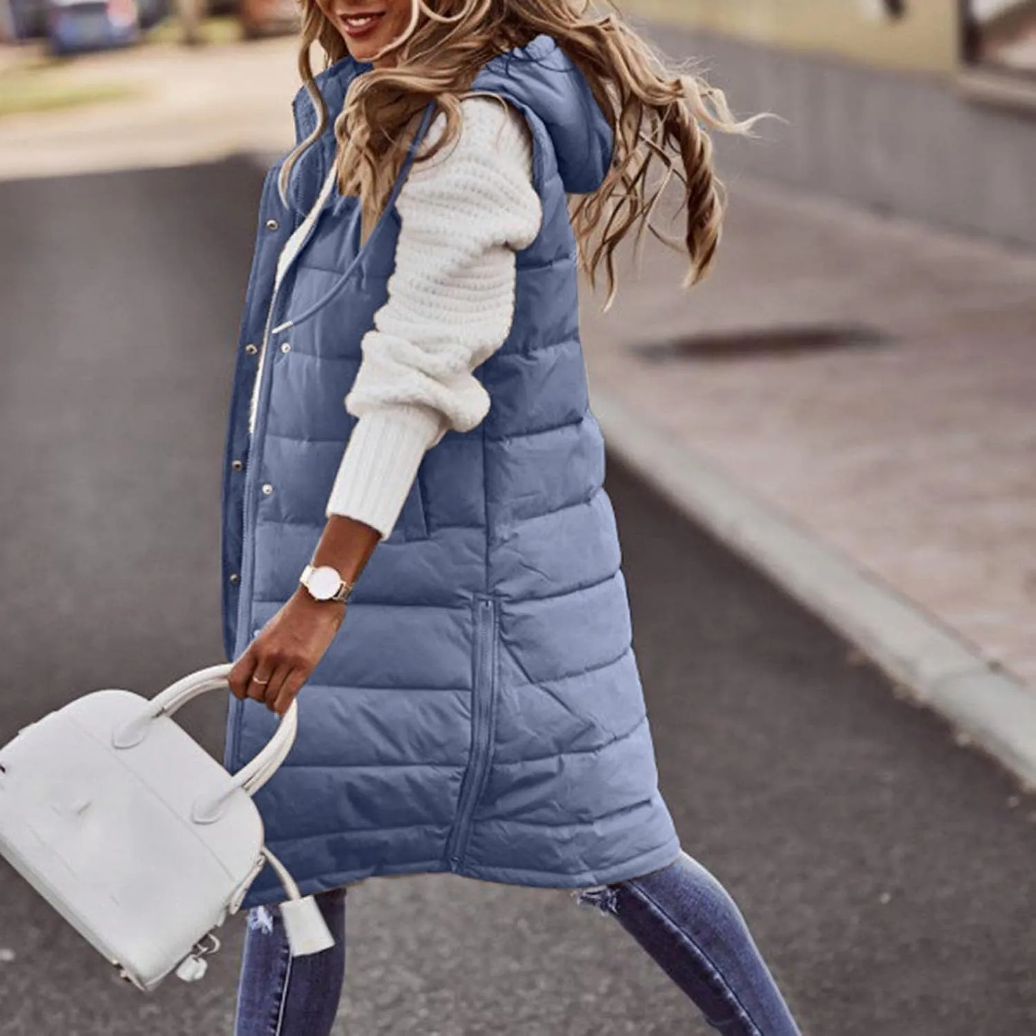 Smoneyful Women's Long Vest Sleeveless Lightweight Puffer Jacket Packable Hooded Down Coat Quilted Vest with Hood Winter