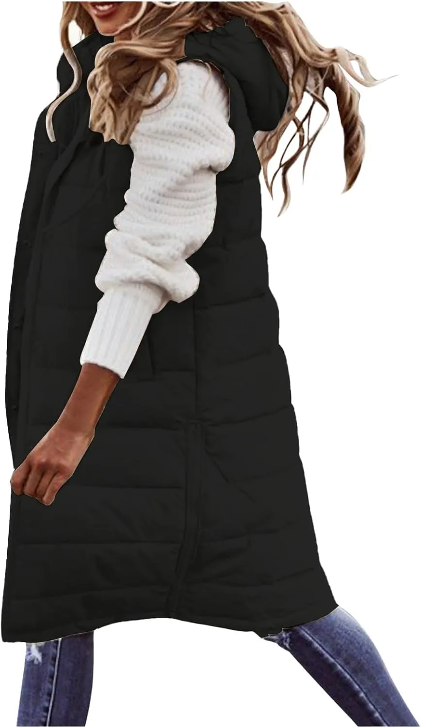 Smoneyful Women's Long Vest Sleeveless Lightweight Puffer Jacket Packable Hooded Down Coat Quilted Vest with Hood Winter
