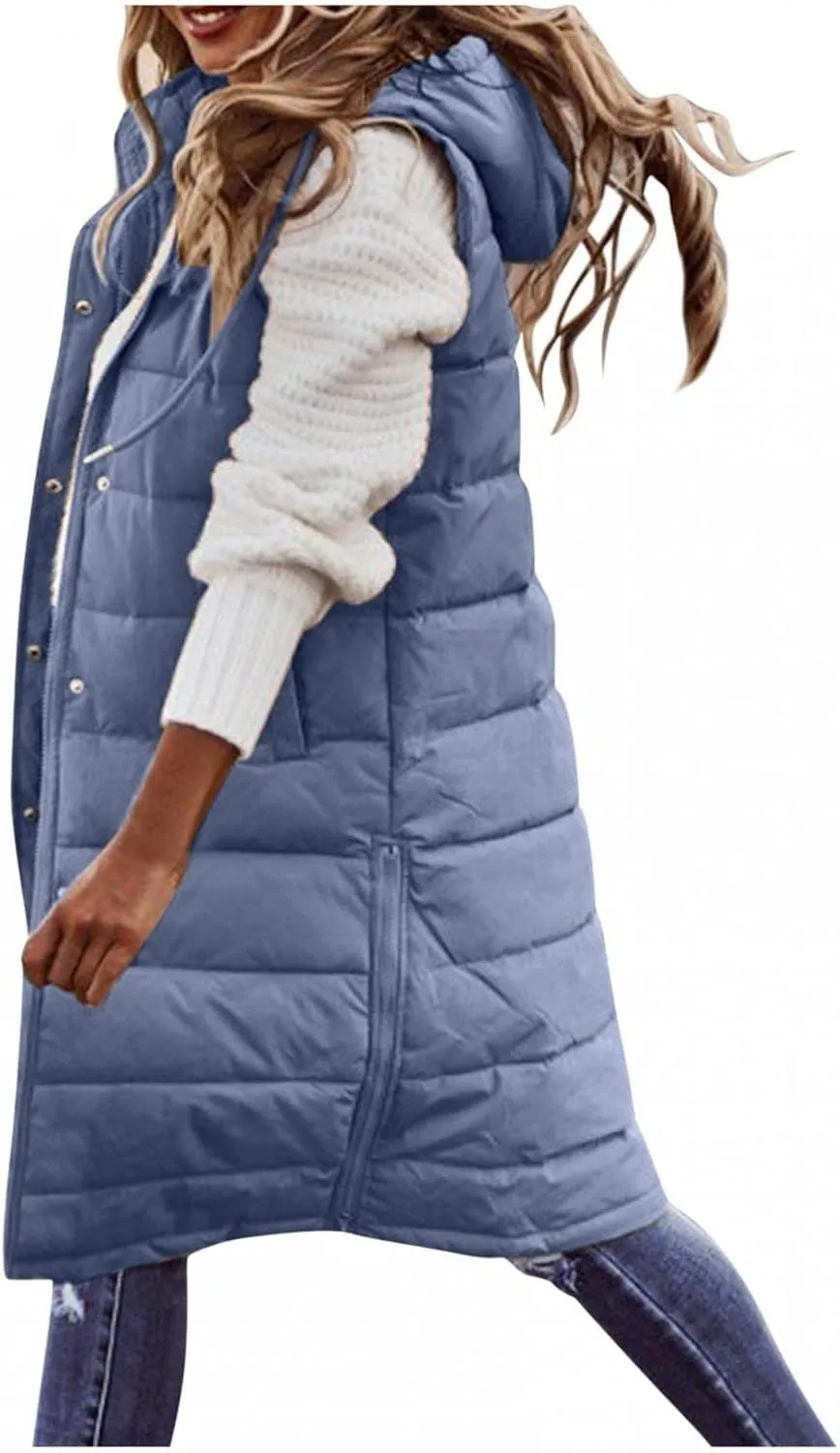 Smoneyful Women's Long Vest Sleeveless Lightweight Puffer Jacket Packable Hooded Down Coat Quilted Vest with Hood Winter