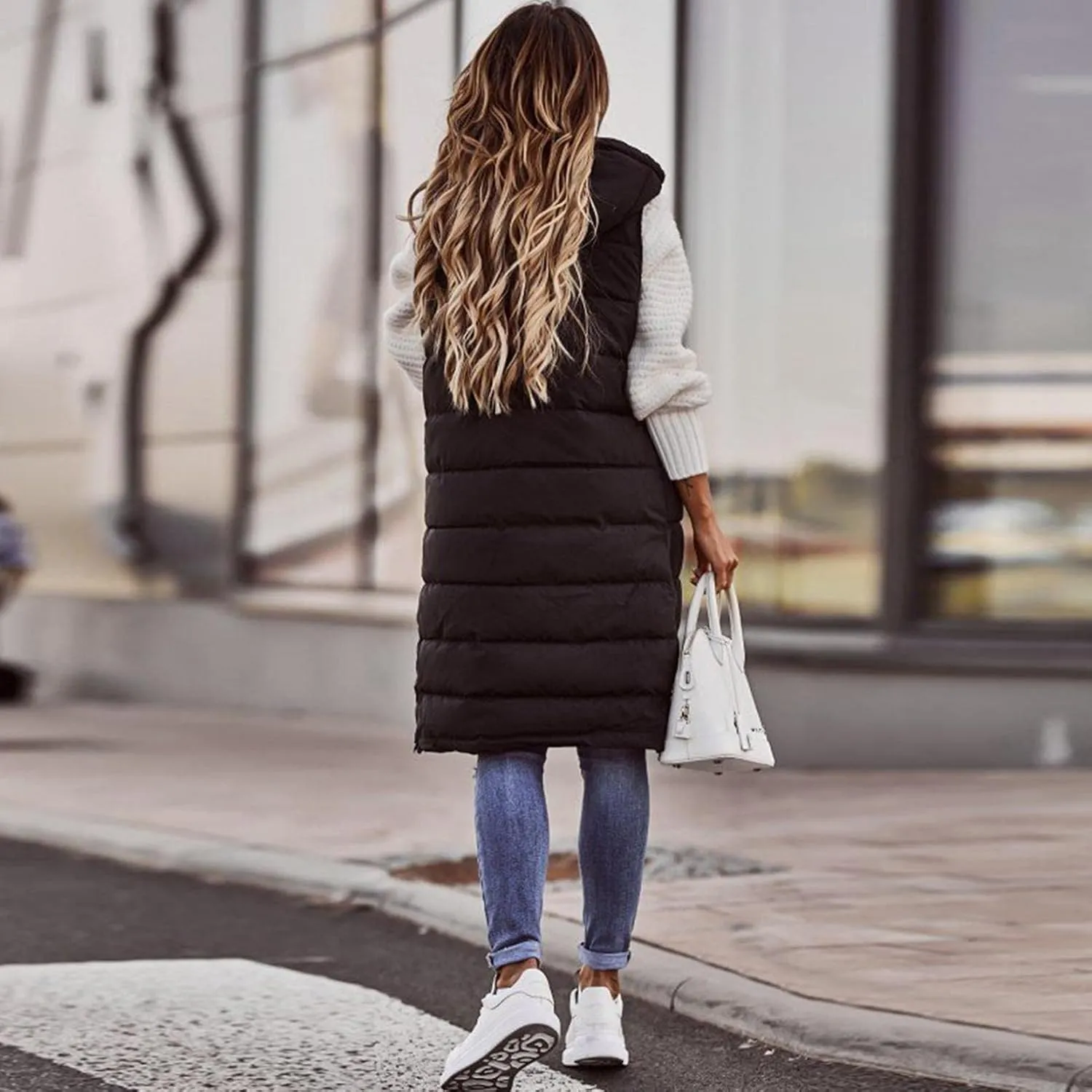 Smoneyful Women's Long Vest Sleeveless Lightweight Puffer Jacket Packable Hooded Down Coat Quilted Vest with Hood Winter