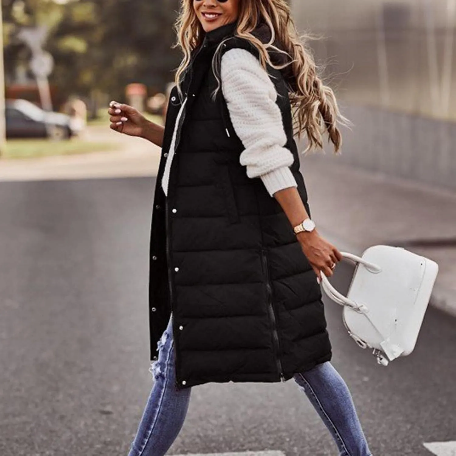 Smoneyful Women's Long Vest Sleeveless Lightweight Puffer Jacket Packable Hooded Down Coat Quilted Vest with Hood Winter