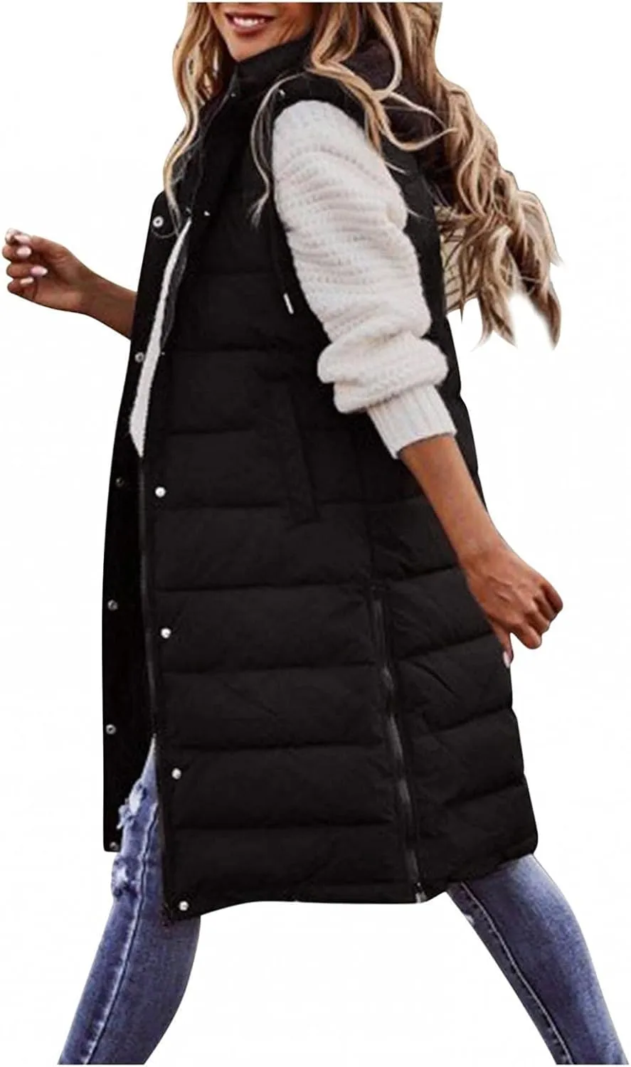 Smoneyful Women's Long Vest Sleeveless Lightweight Puffer Jacket Packable Hooded Down Coat Quilted Vest with Hood Winter