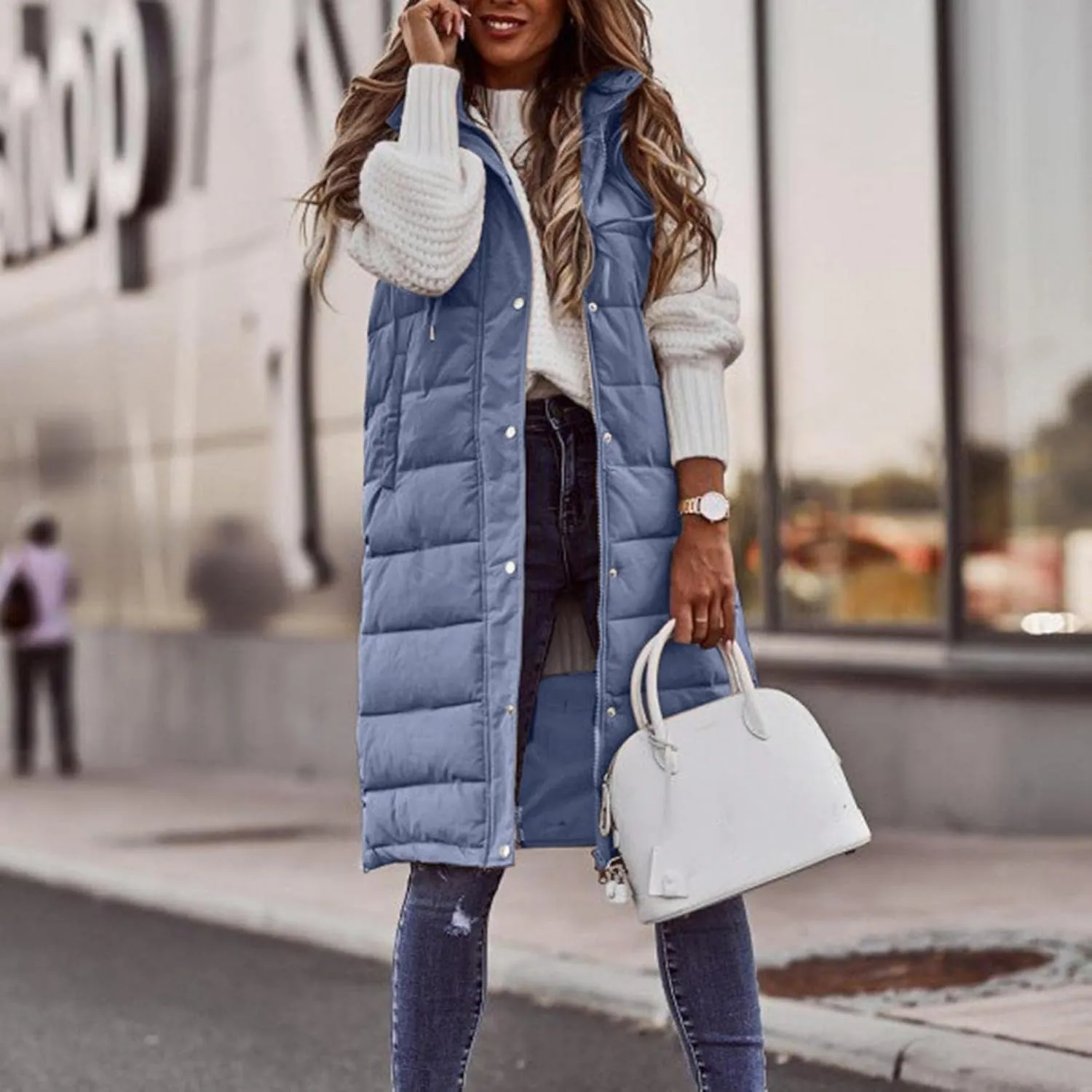 Smoneyful Women's Long Vest Sleeveless Lightweight Puffer Jacket Packable Hooded Down Coat Quilted Vest with Hood Winter