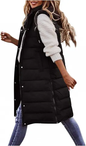 Smoneyful Women's Long Vest Sleeveless Lightweight Puffer Jacket Packable Hooded Down Coat Quilted Vest with Hood Winter