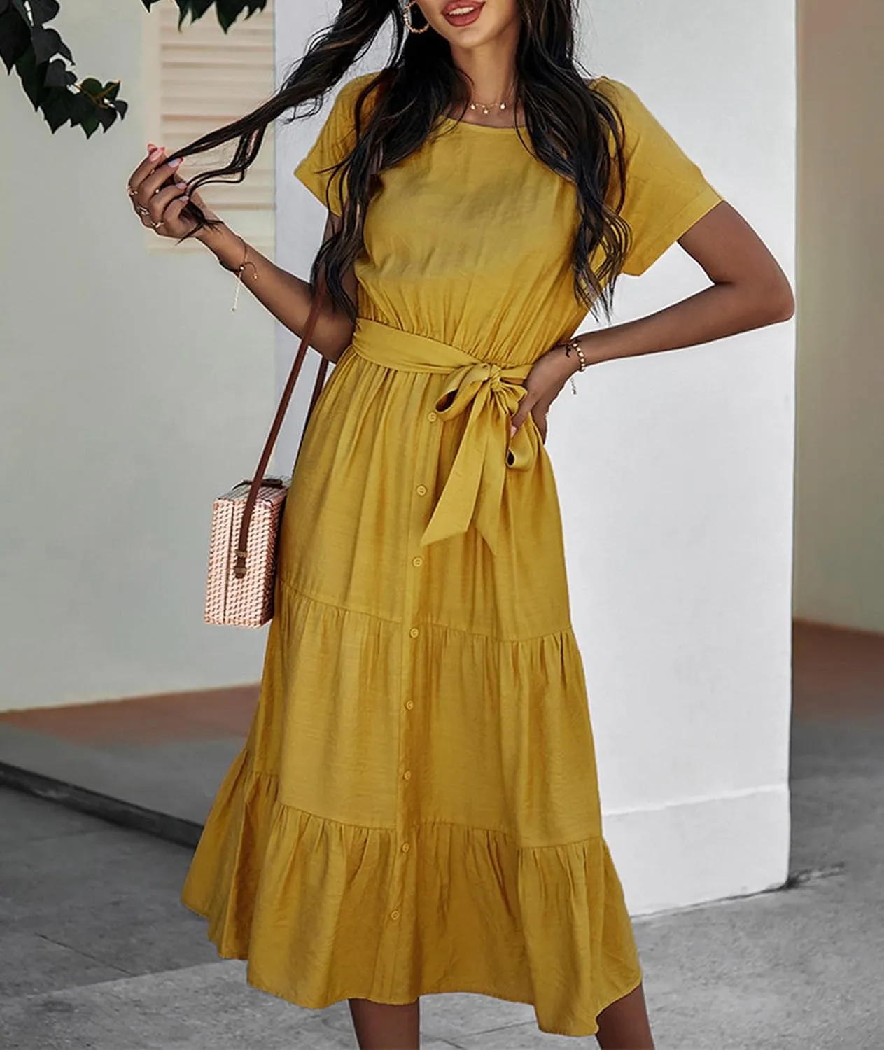 SOMTHRON Women's Short Sleeve Belted Waist Midi Dress Ruffle Hem A Line Boho Dresses Beachwear Party Cocktail Long Dress