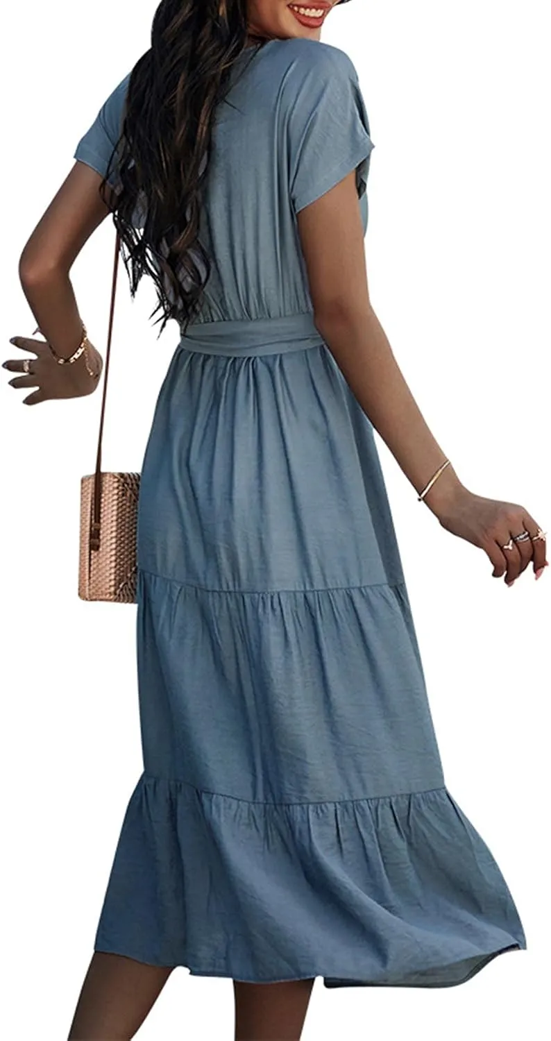 SOMTHRON Women's Short Sleeve Belted Waist Midi Dress Ruffle Hem A Line Boho Dresses Beachwear Party Cocktail Long Dress