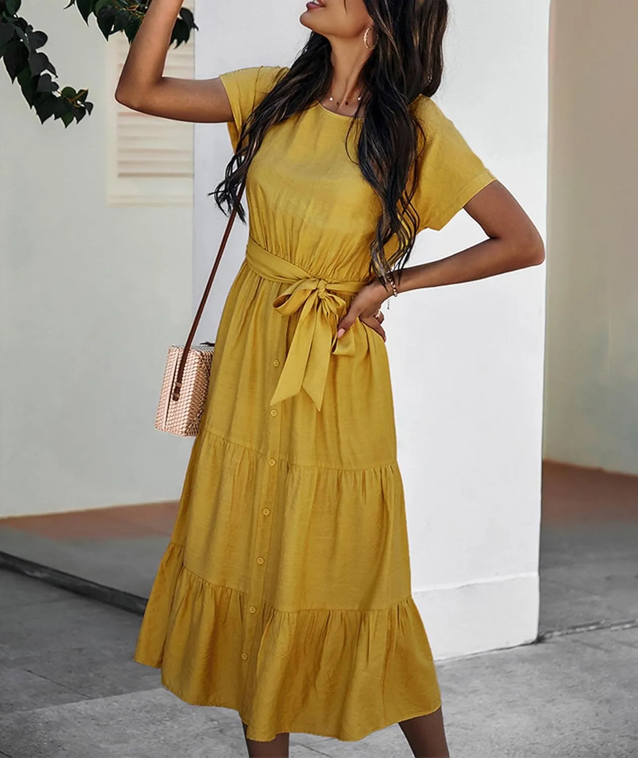 SOMTHRON Women's Short Sleeve Belted Waist Midi Dress Ruffle Hem A Line Boho Dresses Beachwear Party Cocktail Long Dress