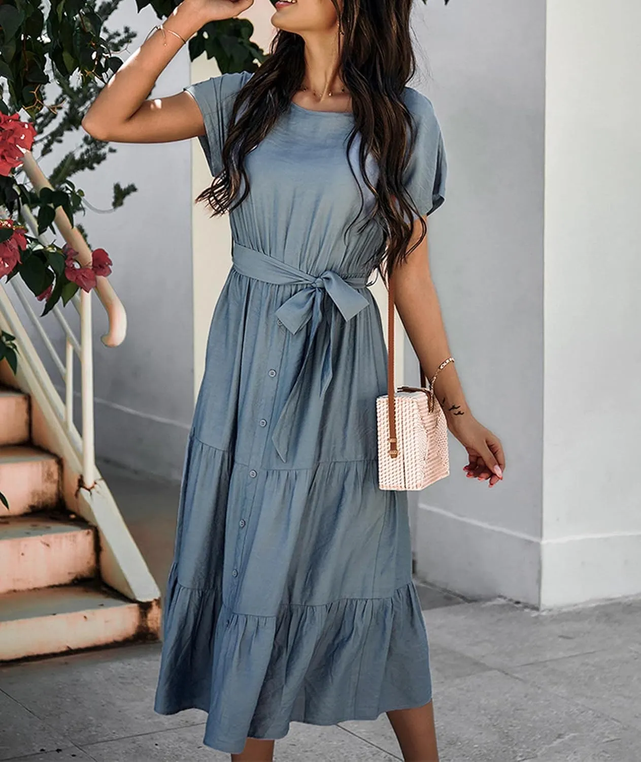 SOMTHRON Women's Short Sleeve Belted Waist Midi Dress Ruffle Hem A Line Boho Dresses Beachwear Party Cocktail Long Dress