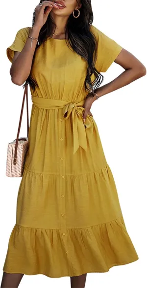 SOMTHRON Women's Short Sleeve Belted Waist Midi Dress Ruffle Hem A Line Boho Dresses Beachwear Party Cocktail Long Dress