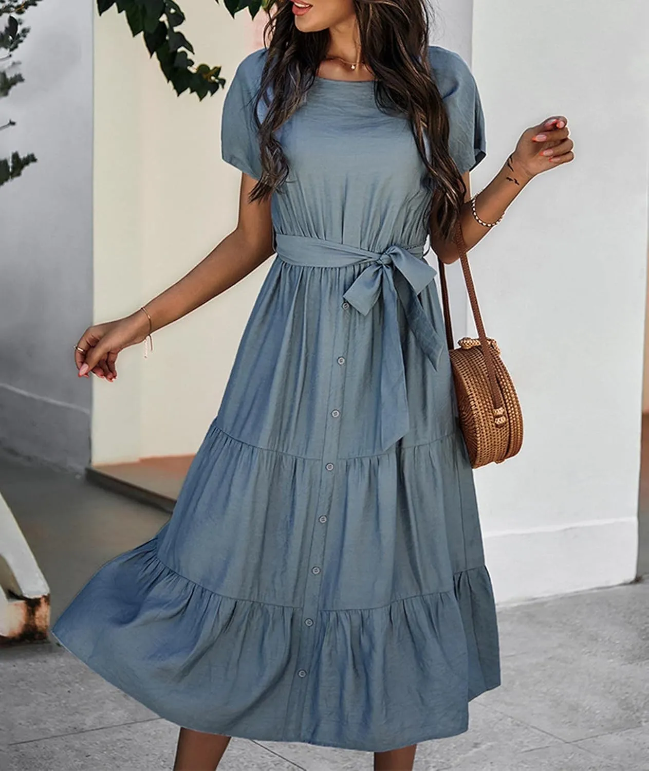 SOMTHRON Women's Short Sleeve Belted Waist Midi Dress Ruffle Hem A Line Boho Dresses Beachwear Party Cocktail Long Dress