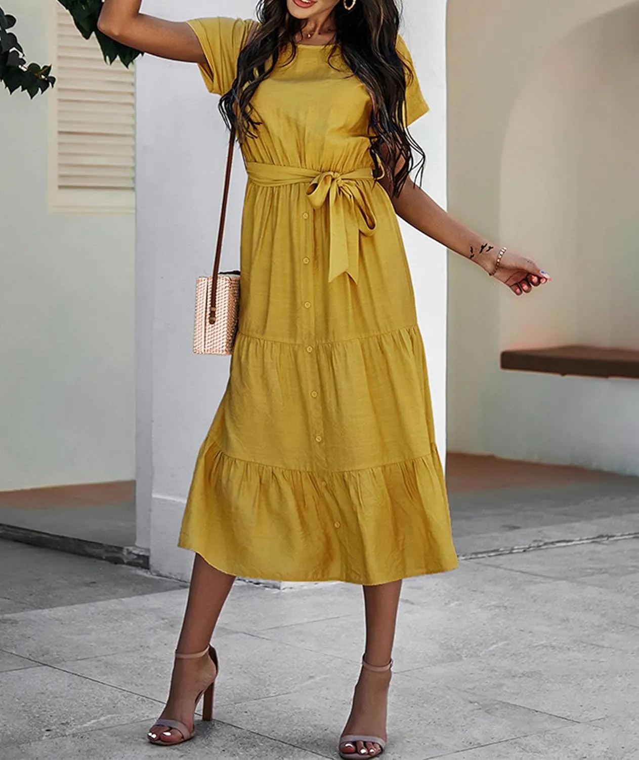 SOMTHRON Women's Short Sleeve Belted Waist Midi Dress Ruffle Hem A Line Boho Dresses Beachwear Party Cocktail Long Dress