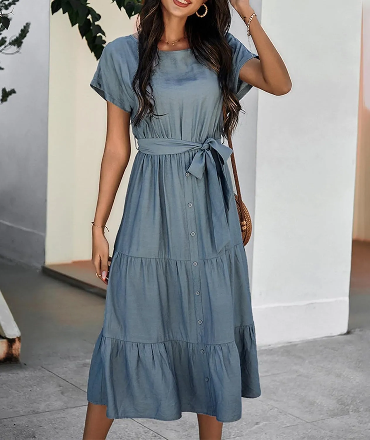 SOMTHRON Women's Short Sleeve Belted Waist Midi Dress Ruffle Hem A Line Boho Dresses Beachwear Party Cocktail Long Dress