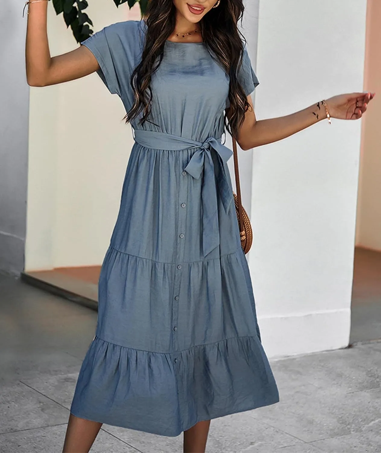 SOMTHRON Women's Short Sleeve Belted Waist Midi Dress Ruffle Hem A Line Boho Dresses Beachwear Party Cocktail Long Dress