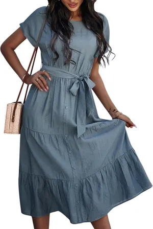 SOMTHRON Women's Short Sleeve Belted Waist Midi Dress Ruffle Hem A Line Boho Dresses Beachwear Party Cocktail Long Dress