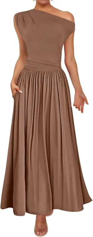 Summer Dresses for Women Trendy One Shoulder Sleeveless Maxi Dress Casual Slim Fit Tunic Ruffle Hem Beach Sundress