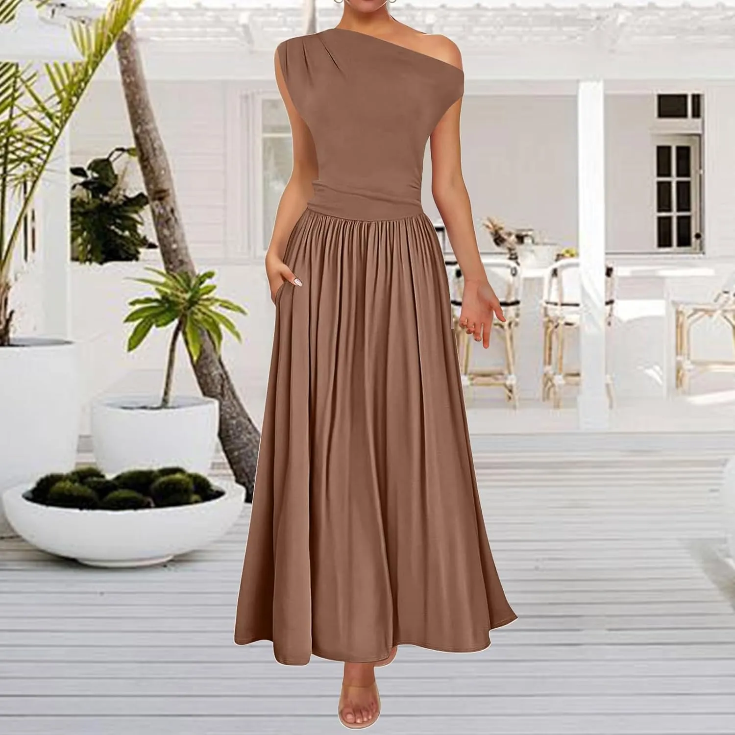 Summer Dresses for Women Trendy One Shoulder Sleeveless Maxi Dress Casual Slim Fit Tunic Ruffle Hem Beach Sundress