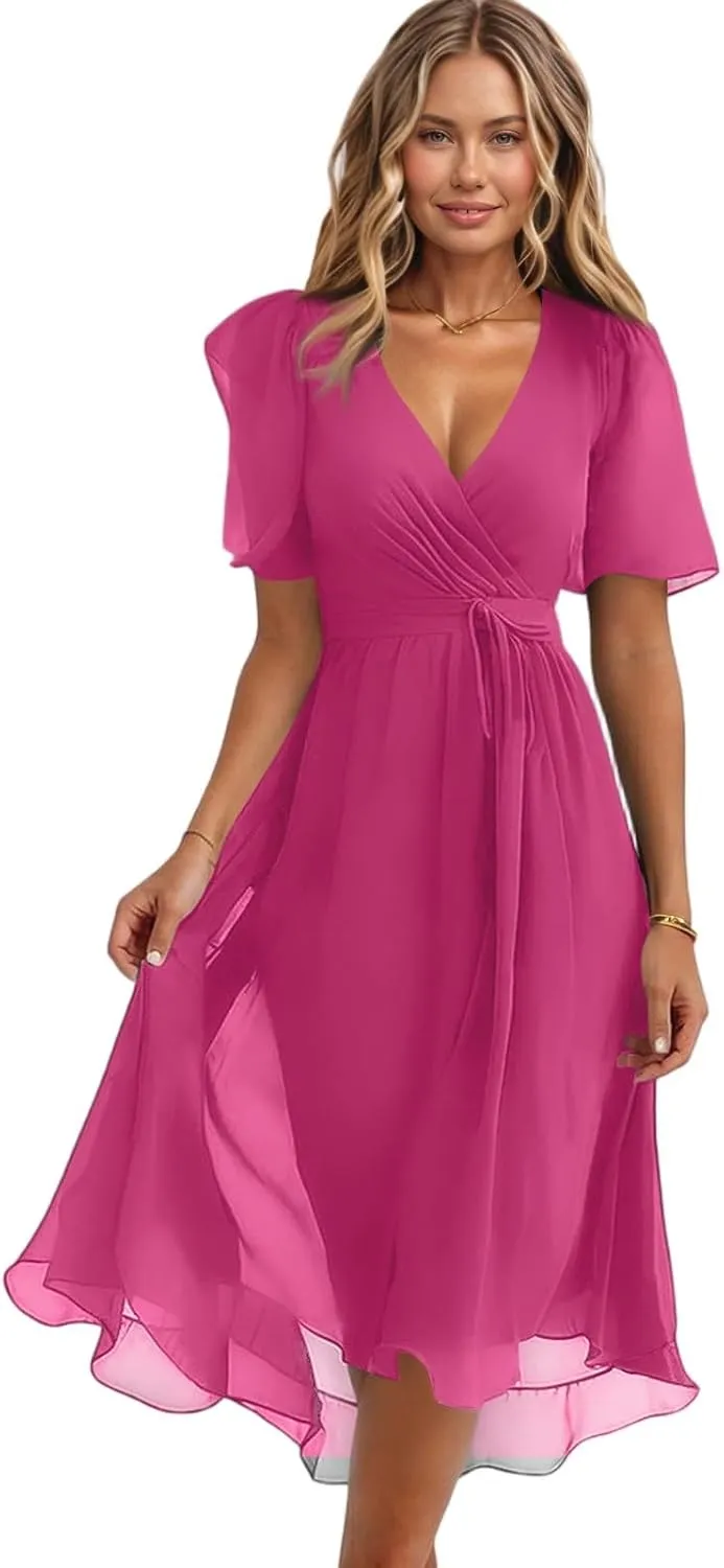 Summer Floral Dresses for Women 2025 Midi Chiffon Dresses Wedding Guest Dress V Neck Short Sleeve Tie Waist Ruffled Hem