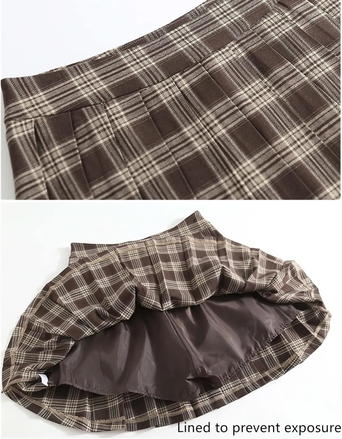 Summer High Waisted Pleated Mini Skirts Womens Sexy Black Mini Skirts Vintage Plaid Tennis Skirts Brown Zipper A-line Skirts