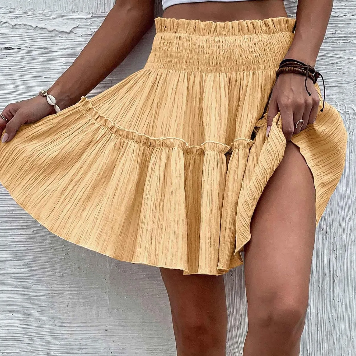 Summer Skirts for Women Flowy Pleated Skirts High Waist Ruffle Skirt Beach Mini Skirts Elastic Waist Vacation Skirts
