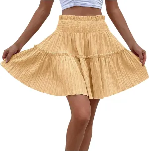 Summer Skirts for Women Flowy Pleated Skirts High Waist Ruffle Skirt Beach Mini Skirts Elastic Waist Vacation Skirts