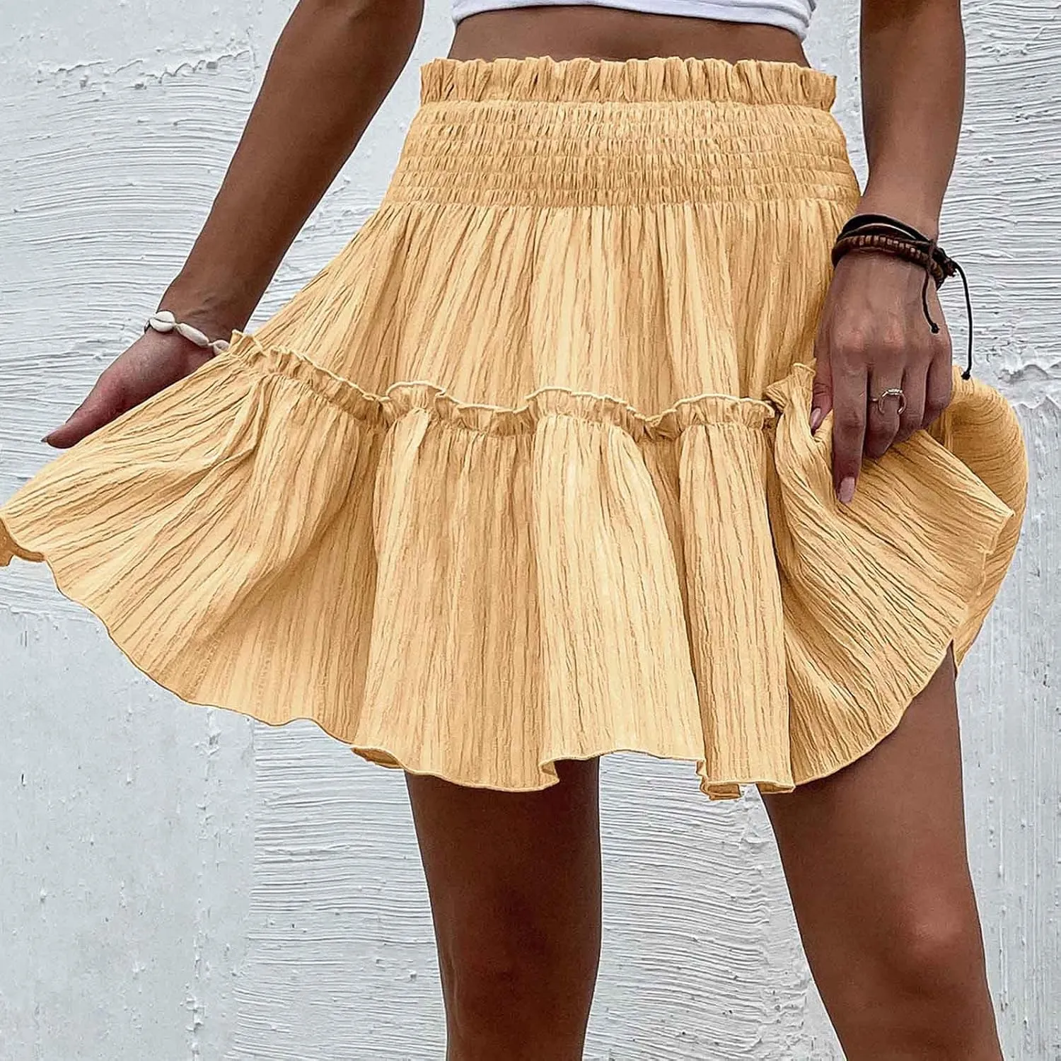 Summer Skirts for Women Flowy Pleated Skirts High Waist Ruffle Skirt Beach Mini Skirts Elastic Waist Vacation Skirts